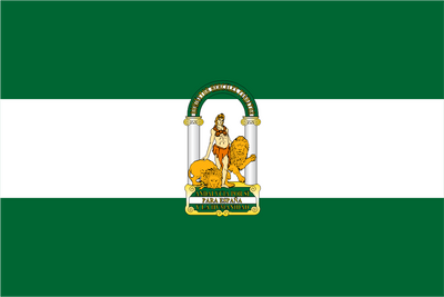 Flag with a central emblem featuring a lion and a figure on a green background. Andalusia Flag.