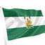 Green and white flag with a coat of arms on a white background. Andalusia Flag.