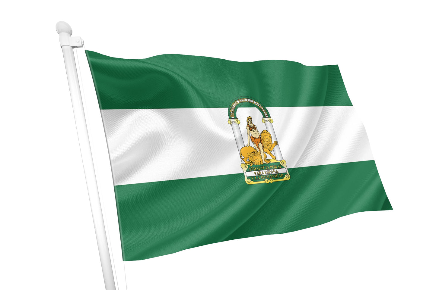 Green and white flag with a coat of arms on a white background. Andalusia Flag.