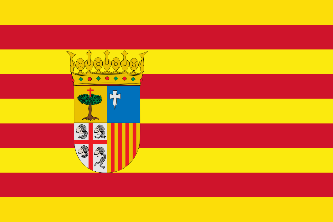 The flag of Aragon is a traditional banner featuring four horizontal red bars on a yellow field, officially adopted on August 10, 1982. It incorporates the regional coat of arms in the center, which consists of four quarters representing historical territories: Sobrarbe, the Cross of Íñigo Arista, the Cross of St George (or Alcoraz), and the Bars of Aragon.
