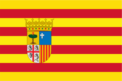 The flag of Aragon is a traditional banner featuring four horizontal red bars on a yellow field, officially adopted on August 10, 1982. It incorporates the regional coat of arms in the center, which consists of four quarters representing historical territories: Sobrarbe, the Cross of Íñigo Arista, the Cross of St George (or Alcoraz), and the Bars of Aragon.
