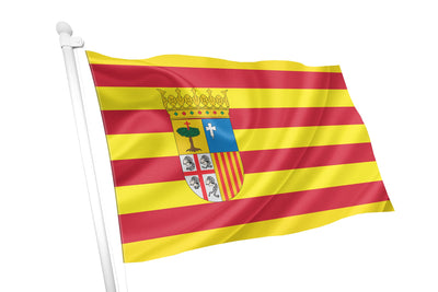 The flag of Aragon is a traditional banner featuring four horizontal red bars on a yellow field, officially adopted on August 10, 1982. It incorporates the regional coat of arms in the center, which consists of four quarters representing historical territories: Sobrarbe, the Cross of Íñigo Arista, the Cross of St George (or Alcoraz), and the Bars of Aragon.