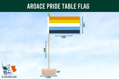 Aroace Pride table flag with dimensions on a blue background