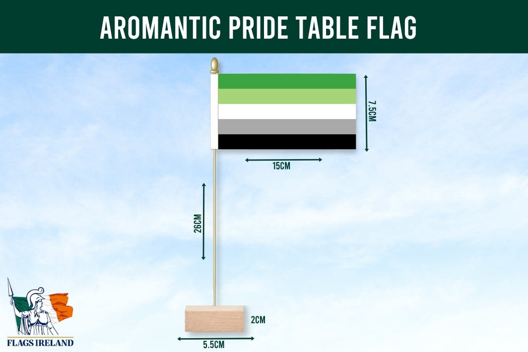 Aromantic pride table flag with dimensions and Flags Ireland logo on a blue background