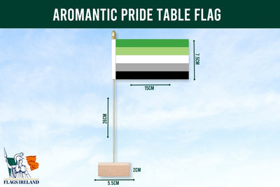 Aromantic pride table flag with dimensions and Flags Ireland logo on a blue background
