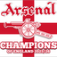 Arsenal logo with a red cross and text 'Champions of England 2025/26' on a white background