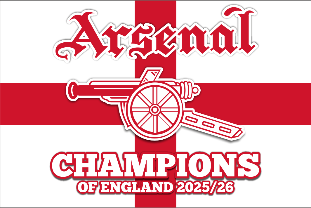 Arsenal logo with a red cross and text 'Champions of England 2025/26' on a white background