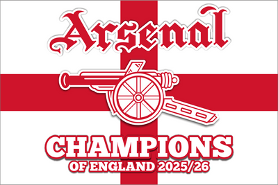 Arsenal logo with a red cross and text 'Champions of England 2025/26' on a white background
