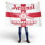 Person holding an Arsenal flag with 'Champions of England 2026/27' text on a white background