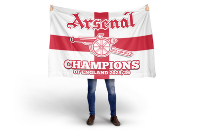 Person holding an Arsenal flag with 'Champions of England 2026/27' text on a white background