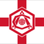 Flag with a red and white design featuring a central emblem on a white background
