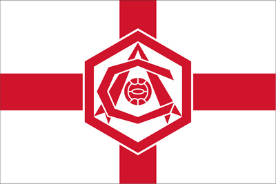 Flag with a red and white design featuring a central emblem on a white background