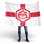 Person holding a flag with a red and white design on a white background