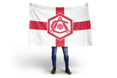 Person holding a flag with a red and white design on a white background