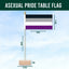 Asexual pride table flag with dimensions on a blue background