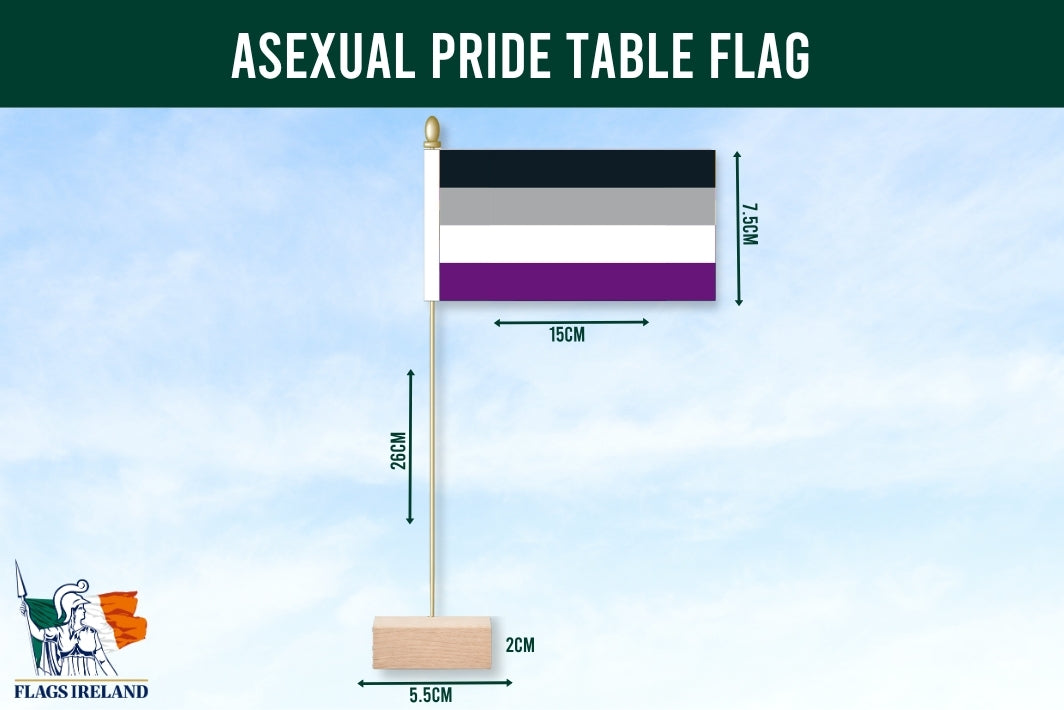 Asexual pride table flag with dimensions on a blue background