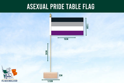 Asexual pride table flag with dimensions on a blue background