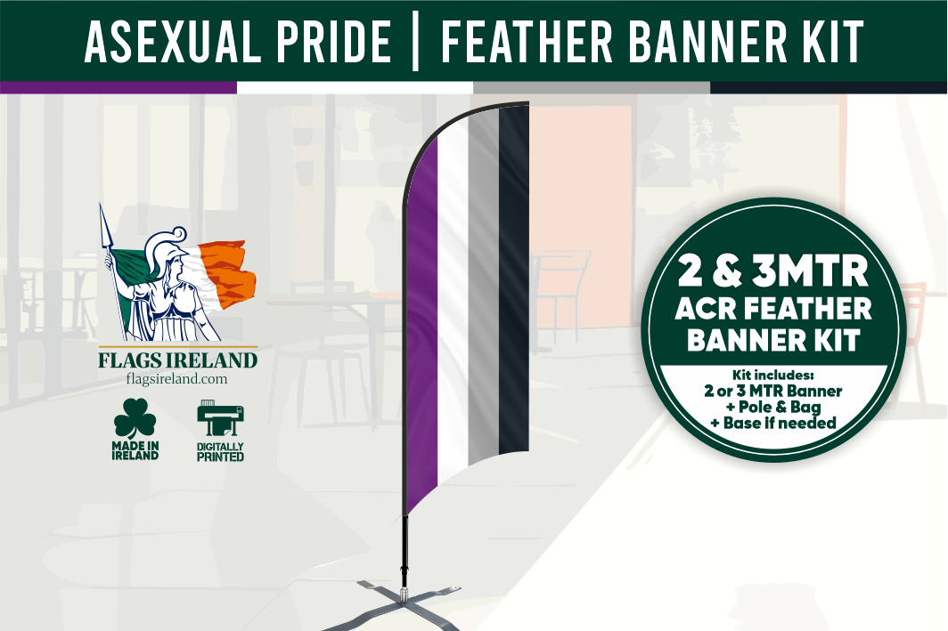 Asexual pride feather banner kit with branding and product details.