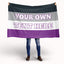 Person holding a asexual flag with customizable text area on a white background