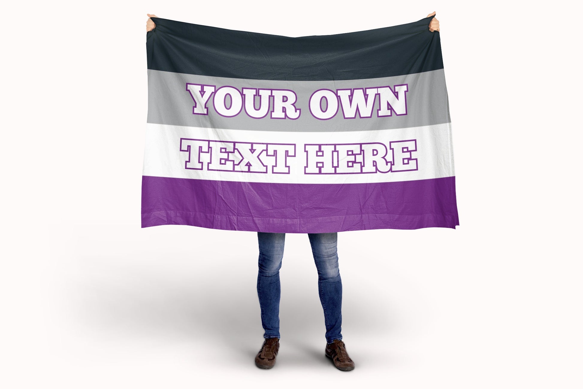 Person holding a asexual flag with customizable text area on a white background