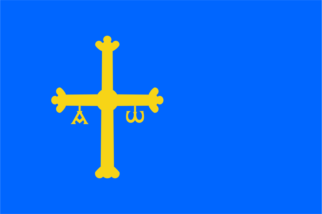 The flag of Asturias is a sky-blue field featuring a yellow "Cross of Victory" (Cruz de la Victoria) in the center, typically shifted toward the hoist, adorned with the Greek letters Alpha (\(\alpha \)) and Omega (\(\omega \)) hanging from its arms. This design, symbolizing the Christian Reconquista and the region's identity, has been used since the late 18th century.