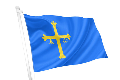 Blue flag with a yellow cross on a white background flying Asturias Flag.
