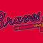 Braves logo with a baseball bat on a red background