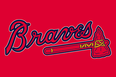 Braves logo with a baseball bat on a red background