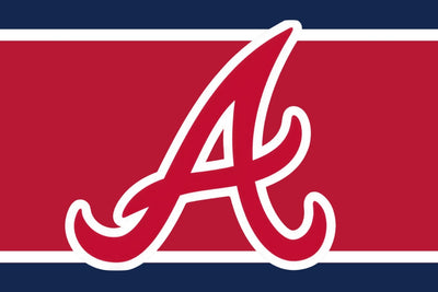 Logo of the Atlanta Braves on a red and blue striped background