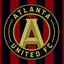 Atlanta United FC logo on a red and black striped background