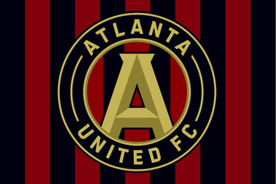 Atlanta United FC logo on a red and black striped background