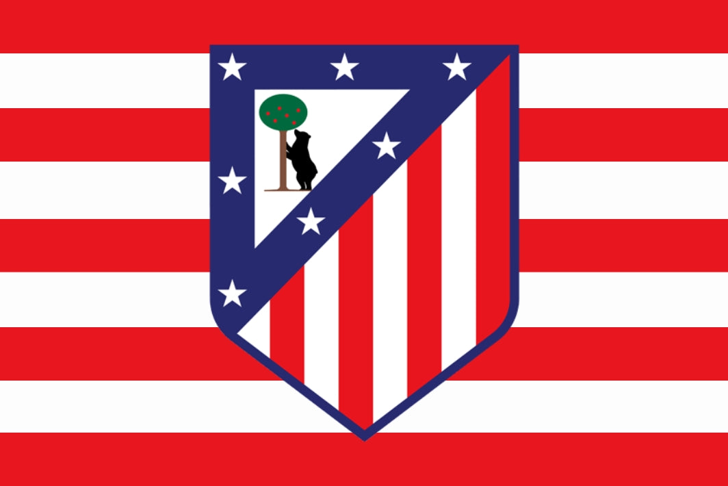 Atletico Madrid flag on a red and white striped background