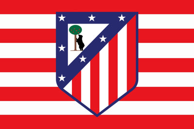 Atletico Madrid flag on a red and white striped background