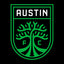 Green logo of Austin FC with a tree design on a black background