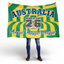 Person holding a large green and yellow flag with 'Australia' and 'World Cup 2026' text.