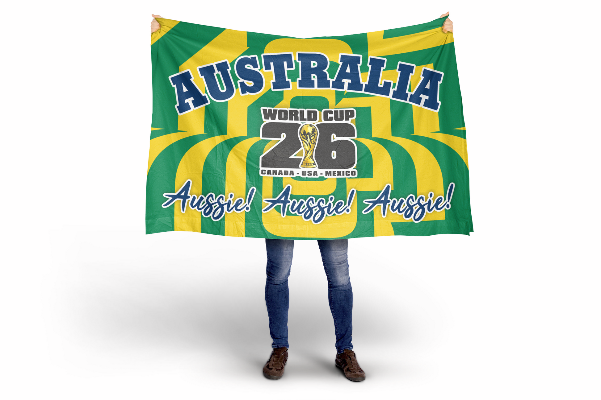 Person holding a large green and yellow flag with 'Australia' and 'World Cup 2026' text.