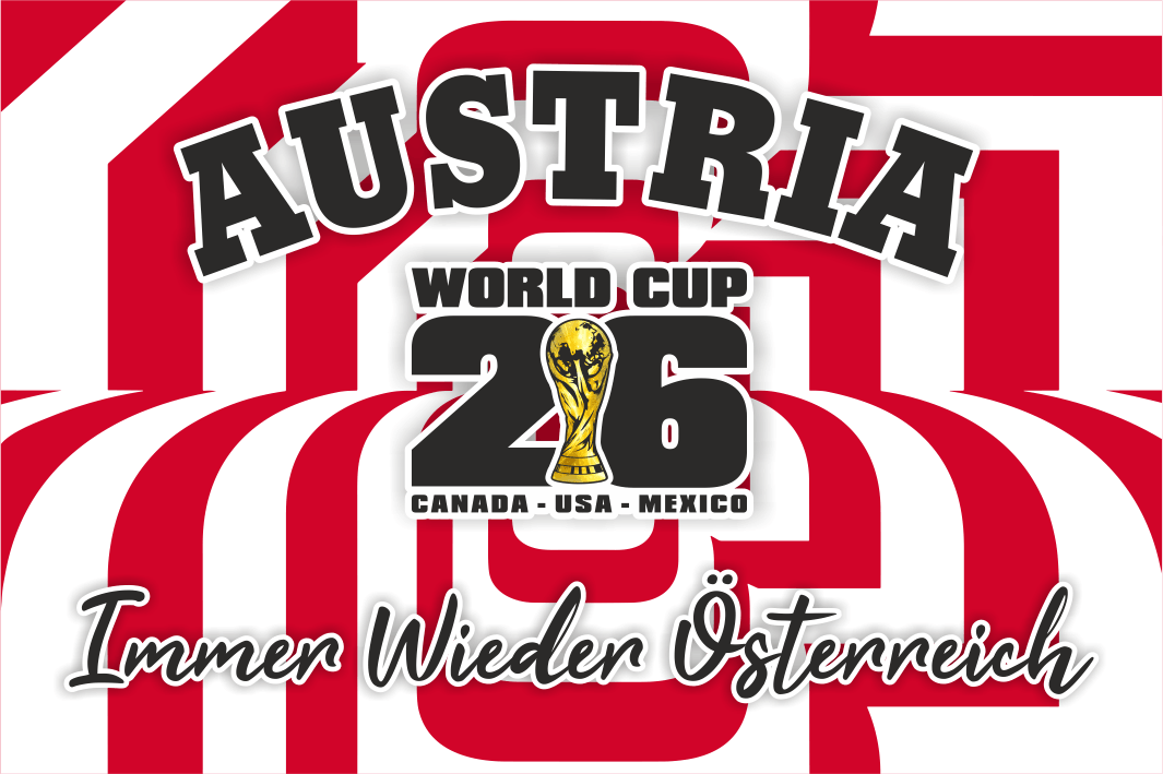 Promotional graphic for Austria's participation in the World Cup 2026 with red and white stripes.
