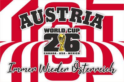 Promotional graphic for Austria's participation in the World Cup 2026 with red and white stripes.