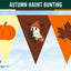 Autumn haunt bunting banner featuring three triangular flags with a pumpkin, a ghost and cat on a broom, and a maple leaf, set against a light blue sky background with a dark green header reading 'AUTUMN HAUNT BUNTING'.