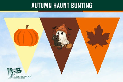 Autumn haunt bunting banner featuring three triangular flags with a pumpkin, a ghost and cat on a broom, and a maple leaf, set against a light blue sky background with a dark green header reading 'AUTUMN HAUNT BUNTING'.