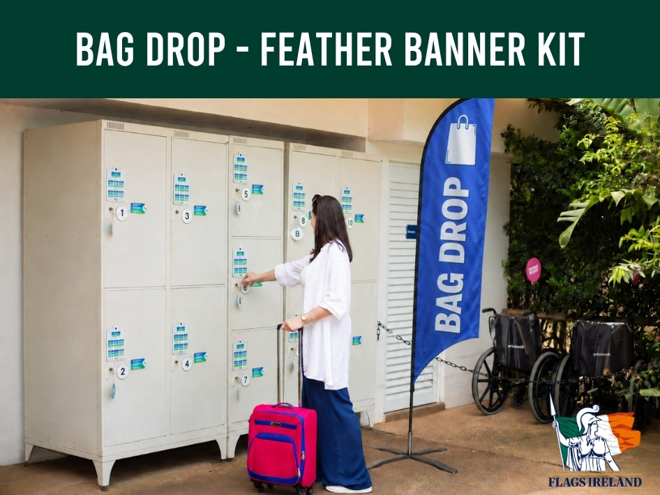 Person with a pink suitcase standing next to lockers with a 'Bag Drop' feather banner in the background.