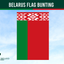 Belarus flag bunting with green and red design on a blue sky background, branded by Flags Ireland.