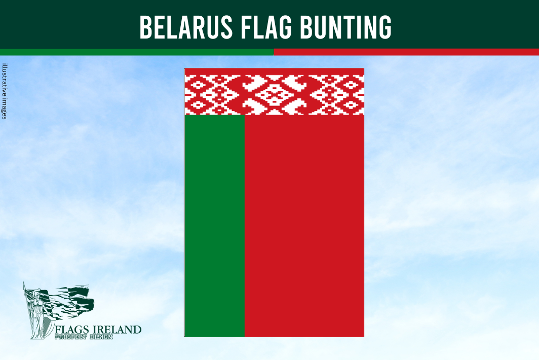 Belarus flag bunting with green and red design on a blue sky background, branded by Flags Ireland.