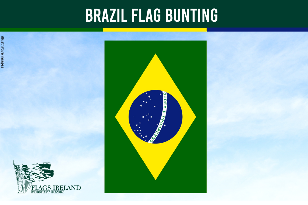 Brazil flag bunting with a blue sky background and 'Flags Ireland' logo.