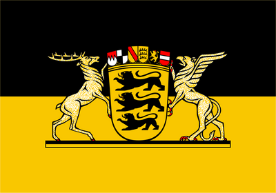 Baden-Württemberg Greater Coat of Arms Flag, Germany, featuring a horizontal bicolor design of black and yellow. The yellow section is the traditional saffron color of the duchy, while the black section represents the upper half.