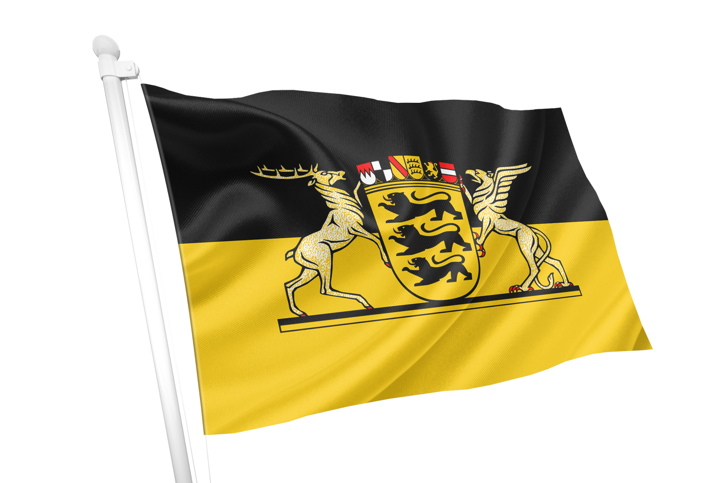A Baden-Württemberg State Army Flag waving on a white pole, featuring a horizontal black-over-yellow design with a central coat of arms showing two golden lions and a shield.