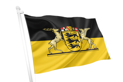 Baden-Württemberg Greater Coat of Arms Flag waving on a white pole, featuring a horizontal black-over-yellow design with a central coat of arms showing two golden lions and a shield.
