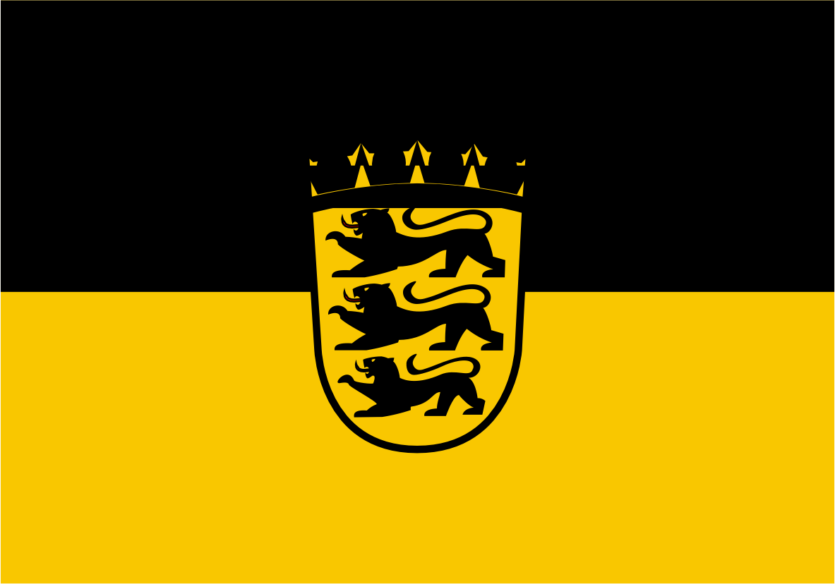 Baden-Württemberg Lesser Coat of Arms Flag. A black and yellow horizontal bicolor flag with a central black heraldic shield containing three lions and a crown.