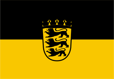 Baden-Württemberg Lesser Coat of Arms Flag. A black and yellow horizontal bicolor flag with a central black heraldic shield containing three lions and a crown.