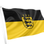 Baden-Württemberg Lesser Coat of Arms Flag. A black and yellow flag with a central black shield containing a yellow lion rampant and a small crown, attached to a white flagpole on a plain white background.